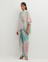 Multicolor Printed Poncho Top with Cowl Skirt