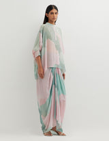 Multicolor Printed Poncho Top with Cowl Skirt