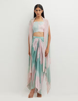 Multicolor Cape with Bustier Paired with Pleated Skirt