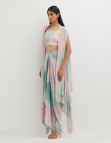 Multicolor Cape with Bustier Paired with Pleated Skirt