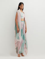 Multicolor Cape with Bustier Paired with Pleated Skirt
