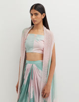 Multicolor Cape with Bustier Paired with Pleated Skirt