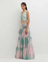Multicolor Waist Coat with Tiered Printed Skirt