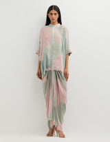 Multicolor Printed Poncho Top with Cowl Skirt