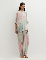 Multicolor Printed Poncho Top with Cowl Skirt