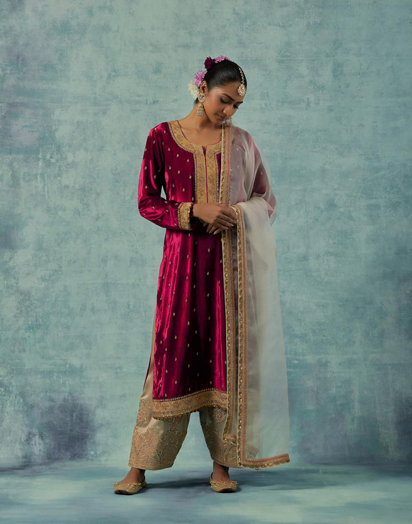 Maroon Silk Velvet Kurta with Salwar Set