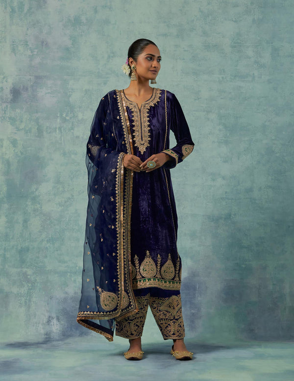 Navy Blue Silk Velvet Kurta with Salwar Set