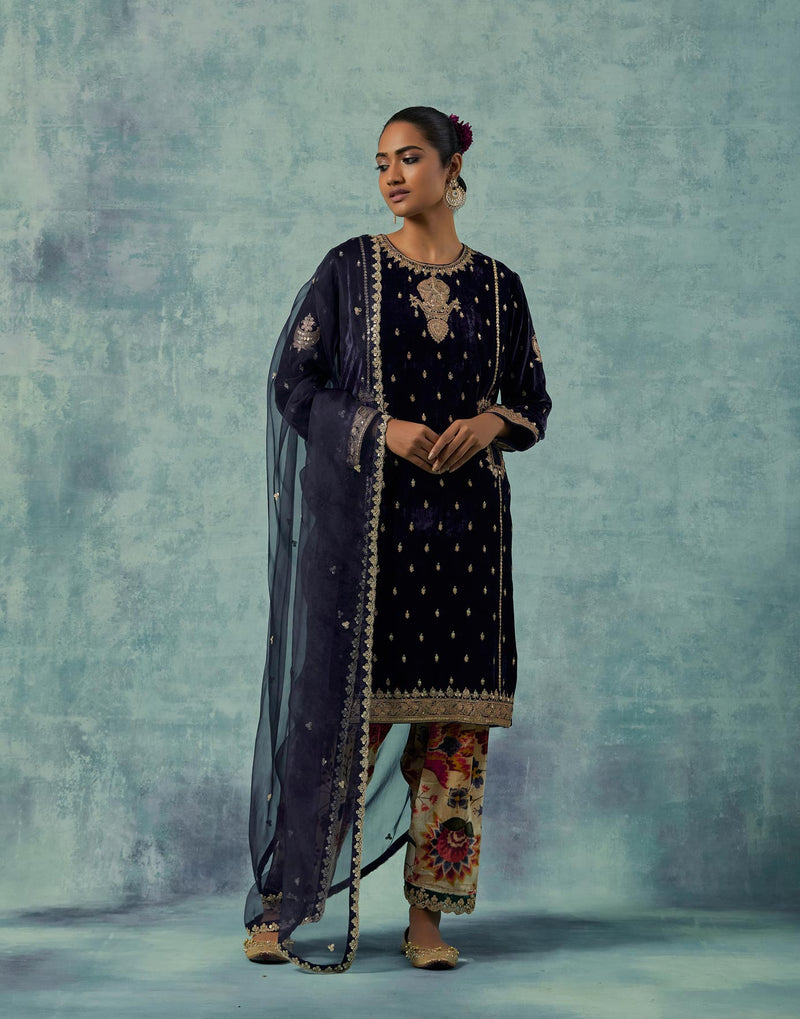 Navy Short Kurta with Pockets and with Printed Salwar Set in Silk Velvet