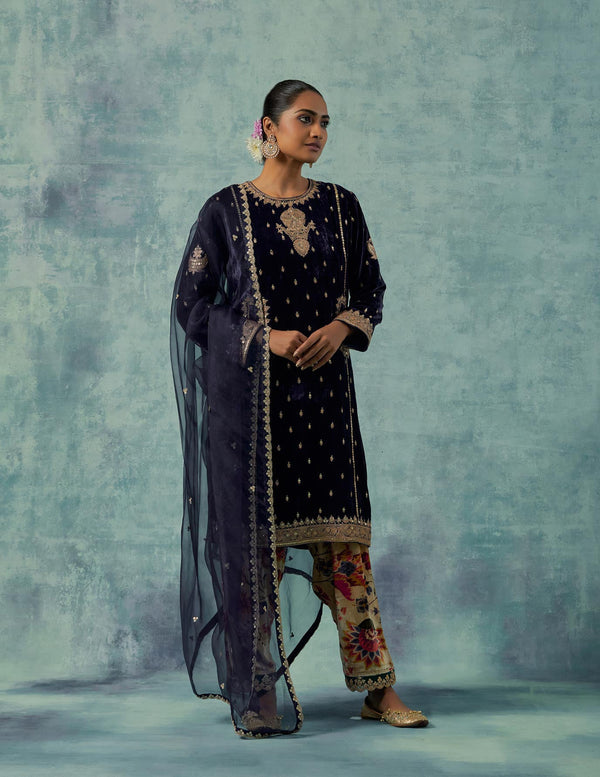 Navy Short Kurta with Pockets and with Printed Salwar Set in Silk Velvet