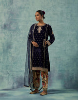 Navy Short Kurta with Pockets and with Printed Salwar Set in Silk Velvet