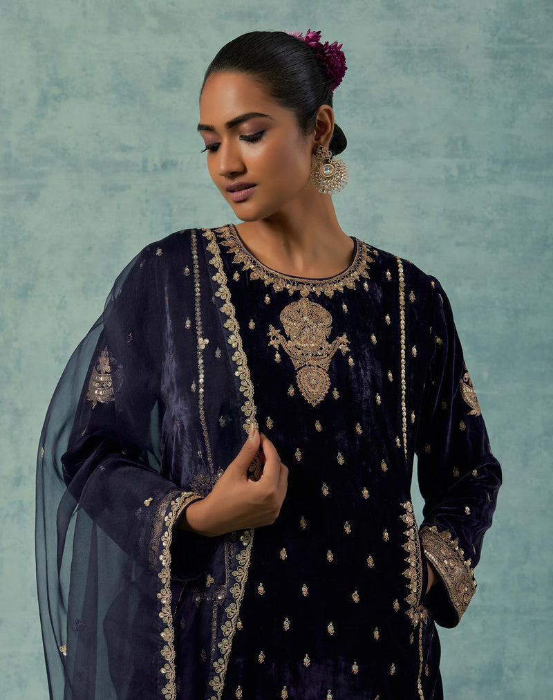 Navy Short Kurta with Pockets and with Printed Salwar Set in Silk Velvet