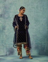 Navy Short Kurta with Pockets and with Printed Salwar Set in Silk Velvet