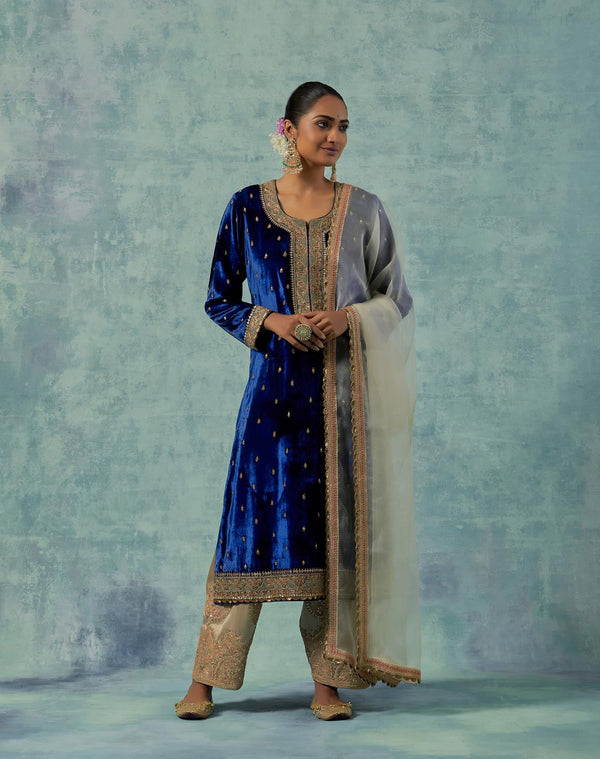 Navy Silk Velvet Kurta with Salwar Set