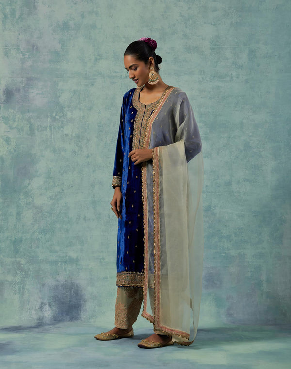 Navy Silk Velvet Kurta with Salwar Set