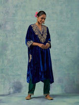 Navy Blue Silk Velvet Kurta with Green Silk Satin Pants Set