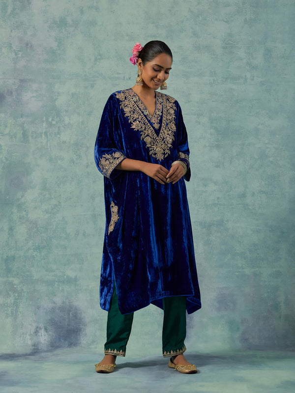 Navy Blue Silk Velvet Kurta with Green Silk Satin Pants Set