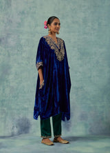 Navy Blue Silk Velvet Kurta with Green Silk Satin Pants Set