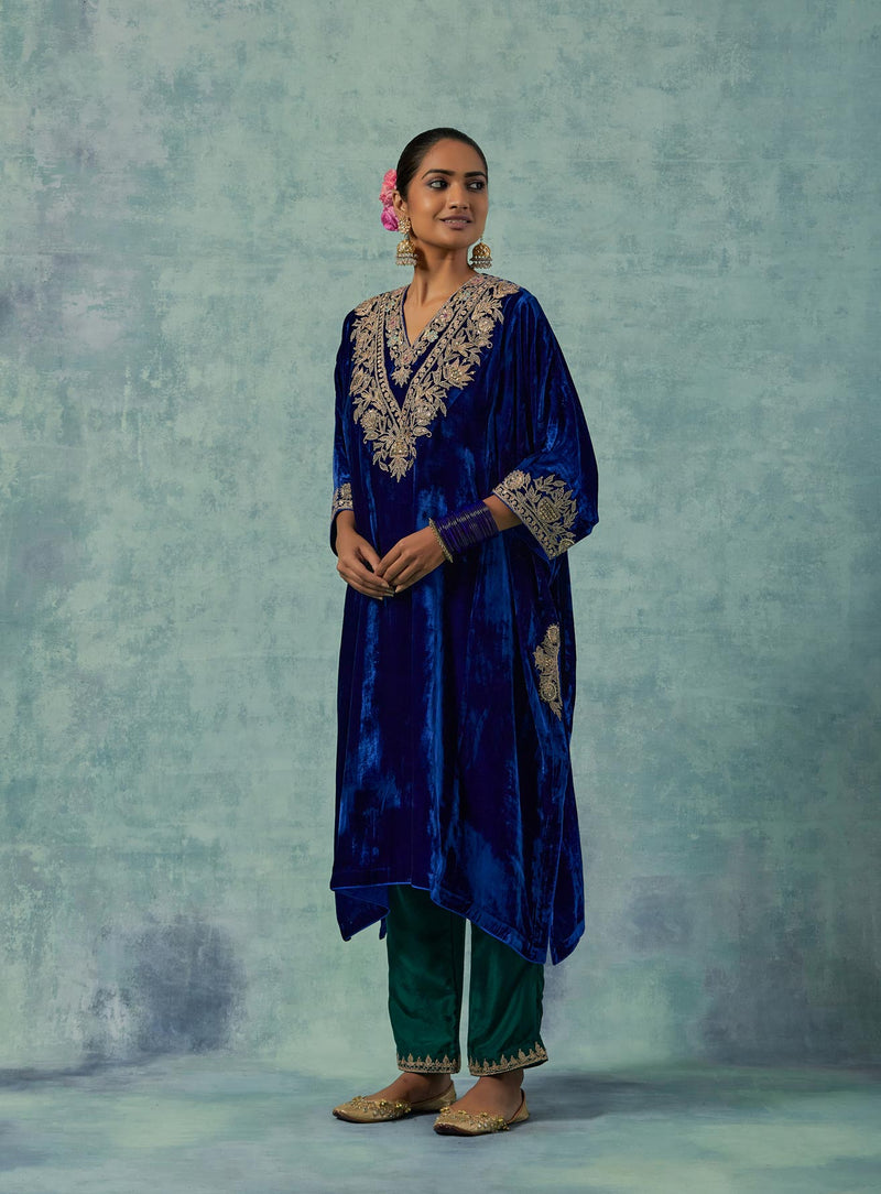 Navy Blue Silk Velvet Kurta with Green Silk Satin Pants Set