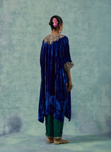 Navy Blue Silk Velvet Kurta with Green Silk Satin Pants Set