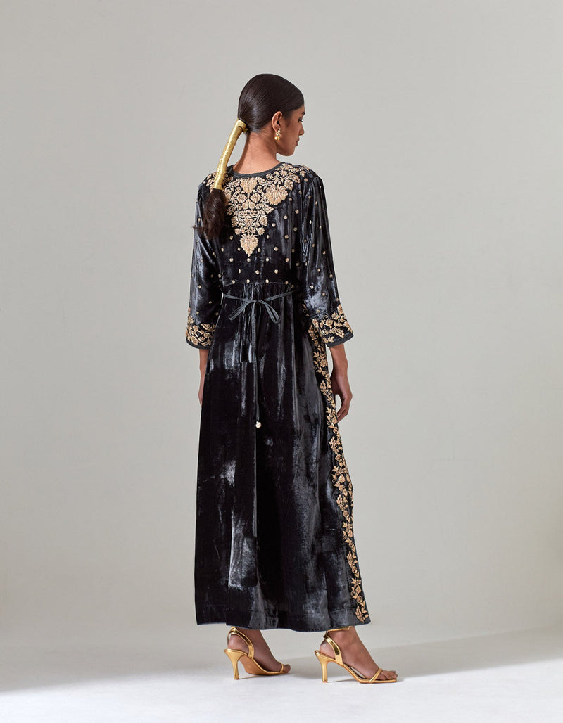 Black Silk Velvet Kurta Set with Zardosi Hand Embroidery