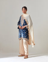 Sku Blue Silk Velvet Kurta Set with Zardosi Hand Embroidery