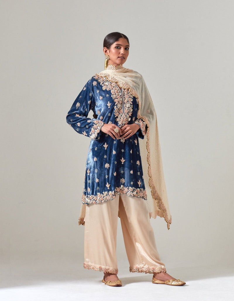 Sku Blue Silk Velvet Kurta Set with Zardosi Hand Embroidery