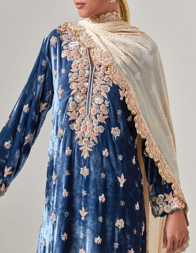 Sku Blue Silk Velvet Kurta Set with Zardosi Hand Embroidery