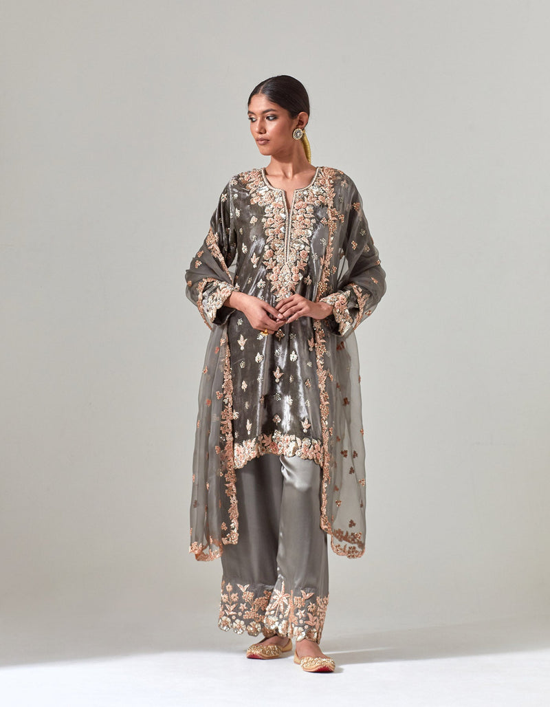 Grey Silk Velvet Kurta Set with Zardosi Hand Embroidery