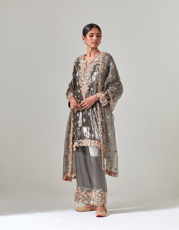 Grey Silk Velvet Kurta Set with Zardosi Hand Embroidery