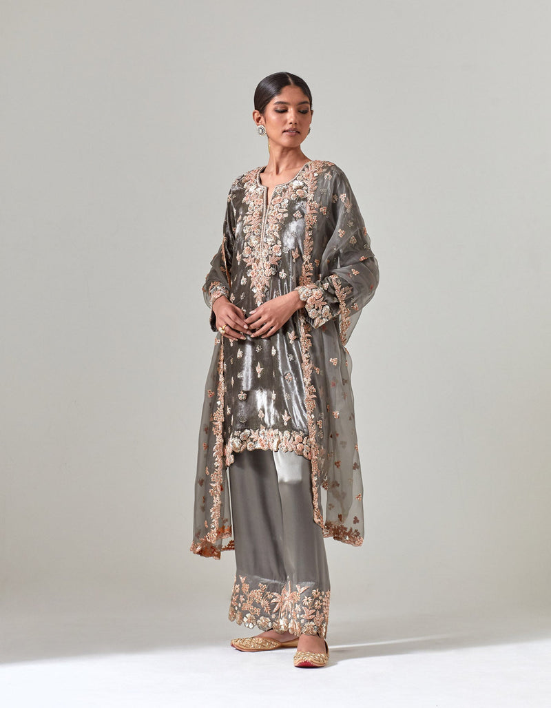 Grey Silk Velvet Kurta Set with Zardosi Hand Embroidery