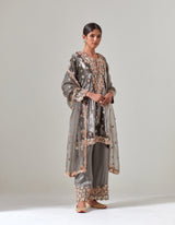 Grey Silk Velvet Kurta Set with Zardosi Hand Embroidery