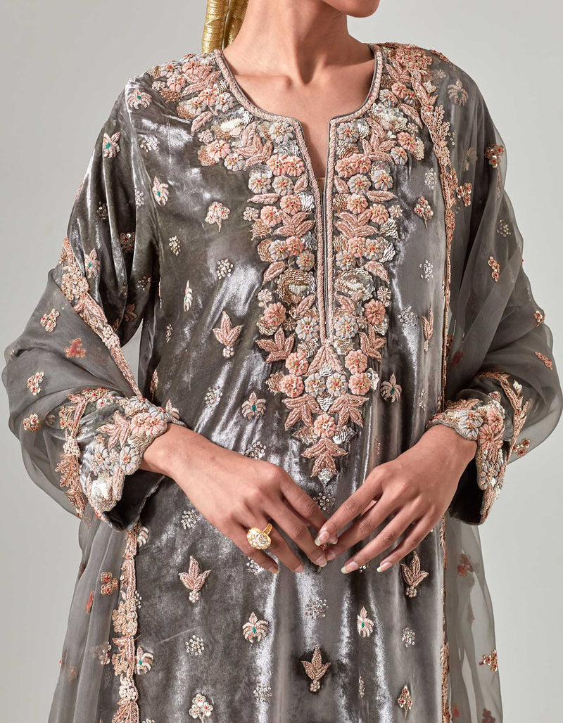 Grey Silk Velvet Kurta Set with Zardosi Hand Embroidery