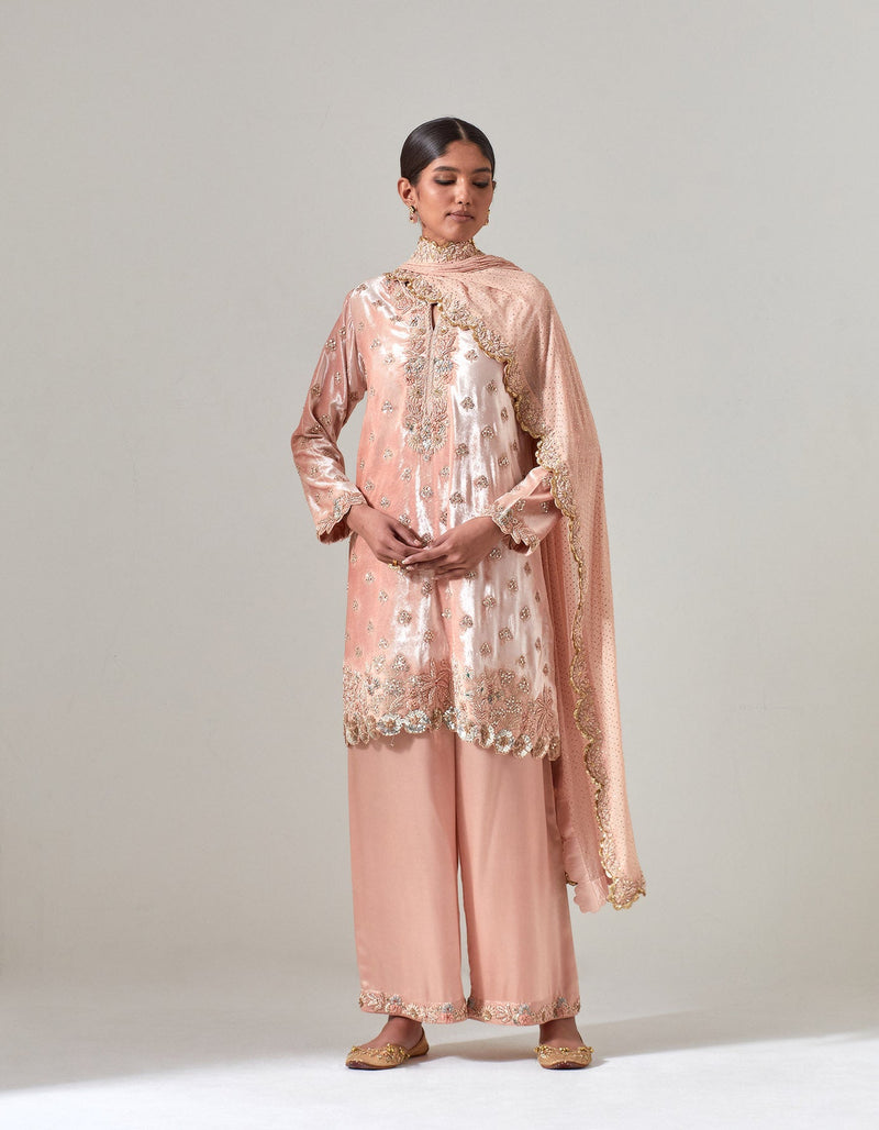 Salmon Silk Velvet Kurta Set with Zardosi Hand Embroidery