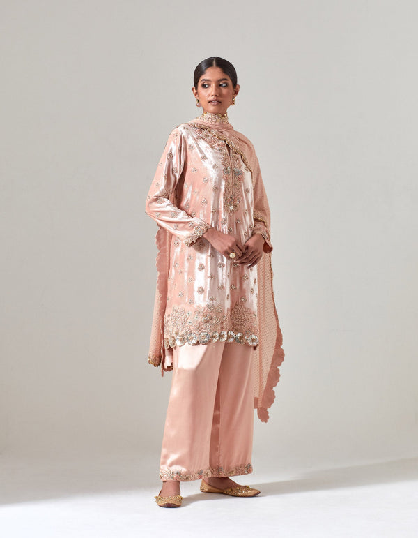 Salmon Silk Velvet Kurta Set with Zardosi Hand Embroidery