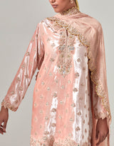 Salmon Silk Velvet Kurta Set with Zardosi Hand Embroidery