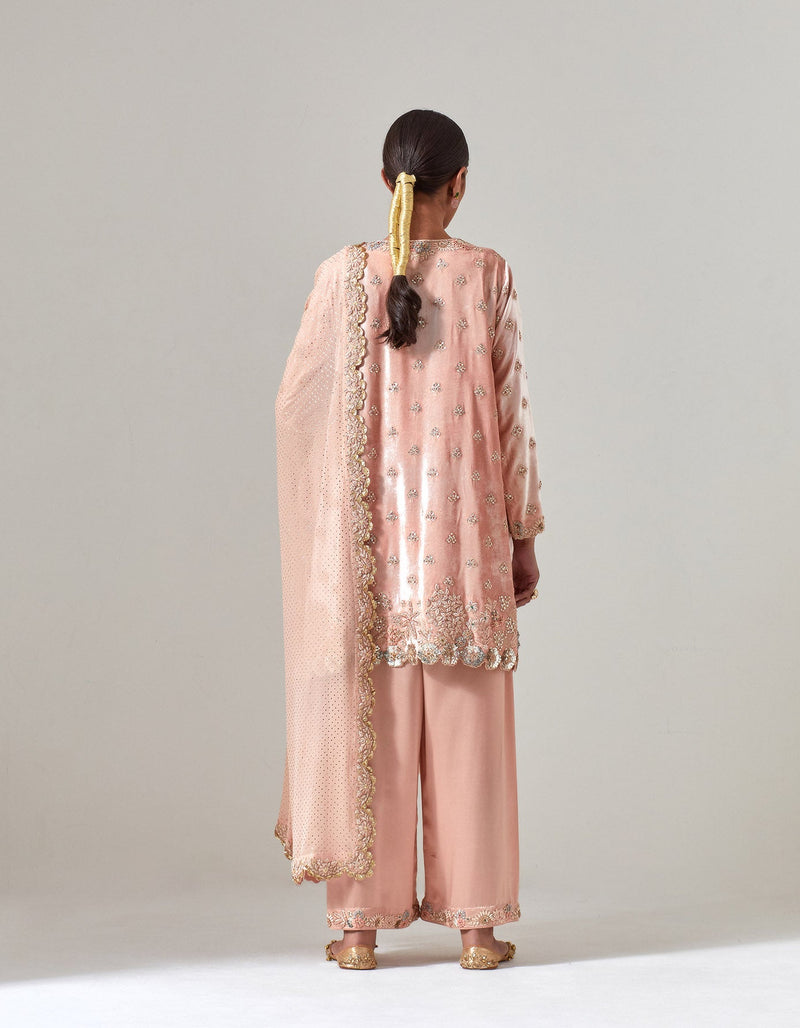 Salmon Silk Velvet Kurta Set with Zardosi Hand Embroidery