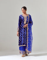 Blue Silk Velvet Kurta Set with Zardosi Hand Embroidery