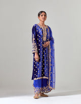 Blue Silk Velvet Kurta Set with Zardosi Hand Embroidery