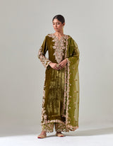 Mehandi Green Silk Velvet Kurta Set with Zardosi Hand Embroidery