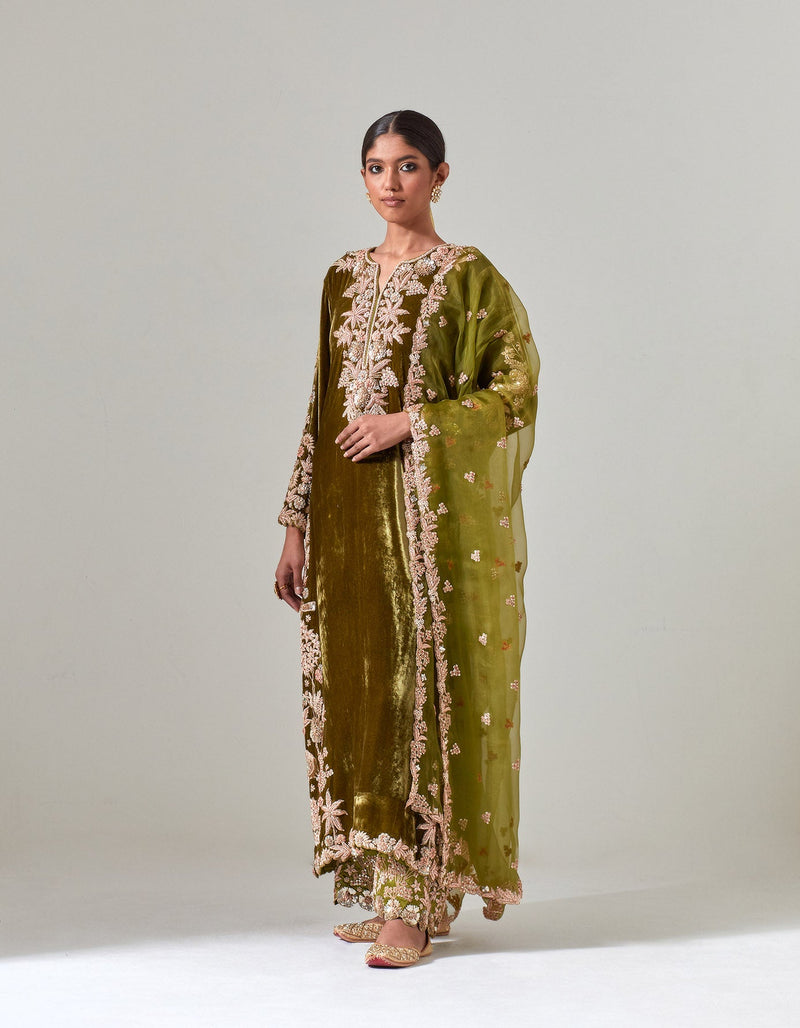 Mehandi Green Silk Velvet Kurta Set with Zardosi Hand Embroidery