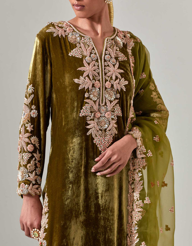 Mehandi Green Silk Velvet Kurta Set with Zardosi Hand Embroidery