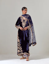 Navy Silk Velvet Kurta Set with Zardosi Hand Embroidery