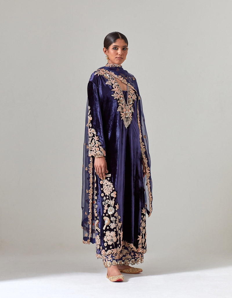 Navy Silk Velvet Kurta Set with Zardosi Hand Embroidery