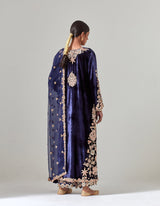 Navy Silk Velvet Kurta Set with Zardosi Hand Embroidery