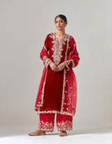 Red Silk Velvet Kurta Set with Zardosi Hand Embroidery