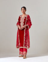 Red Silk Velvet Kurta Set with Zardosi Hand Embroidery