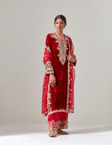 Red Silk Velvet Kurta Set with Zardosi Hand Embroidery