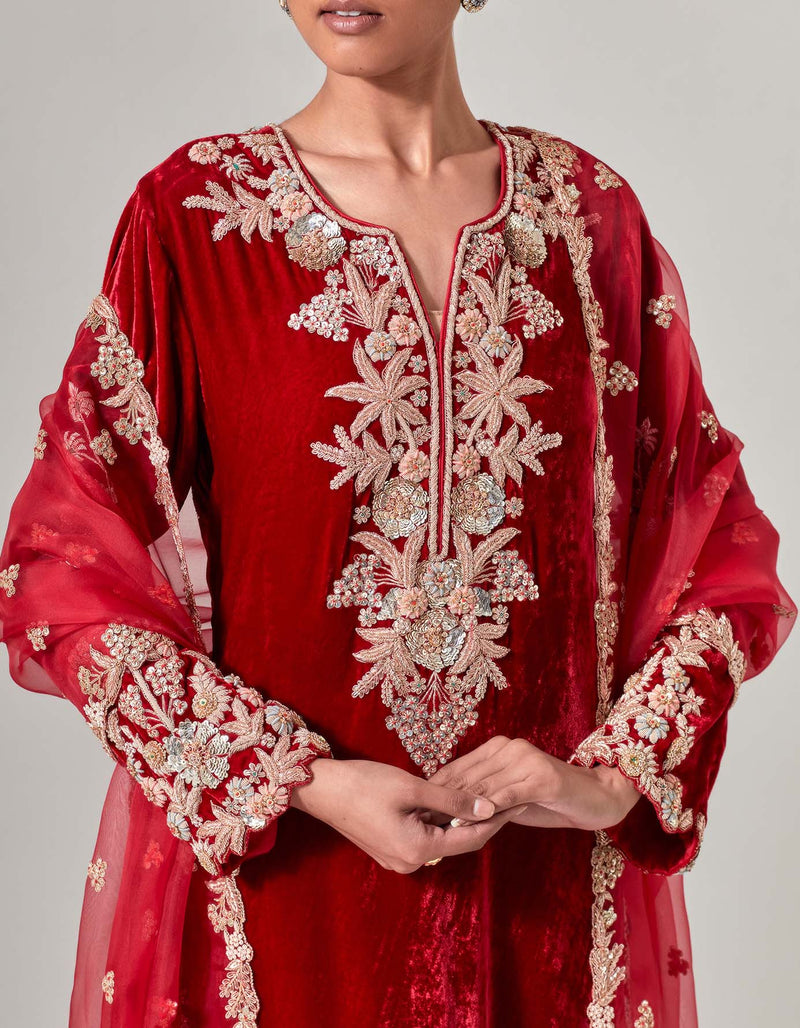 Red Silk Velvet Kurta Set with Zardosi Hand Embroidery