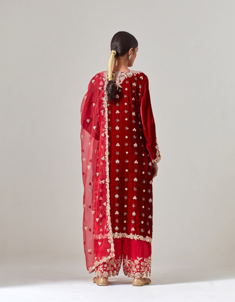 Red Silk Velvet Kurta Set with Zardosi Hand Embroidery