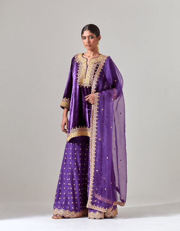 Purple Silk Velvet Sharara Set with Gota Marorri Hand Embroidery